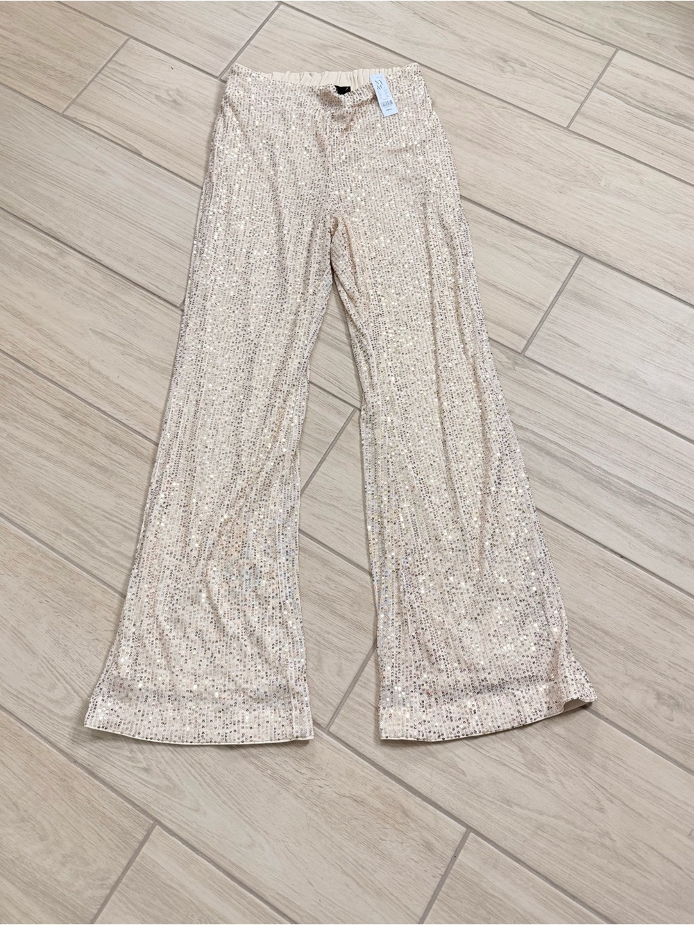 NWT New York & Company Champagne Gold Sequin Flare Pants High Waist Size S